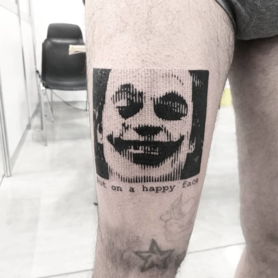 the joker lined portrait tattoo by Marco Bordi Tattoo