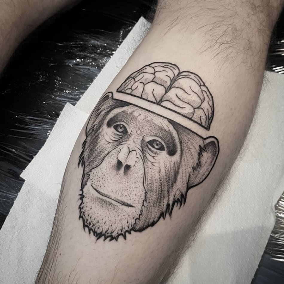monkey brain showing tattoo by Matt Pettis