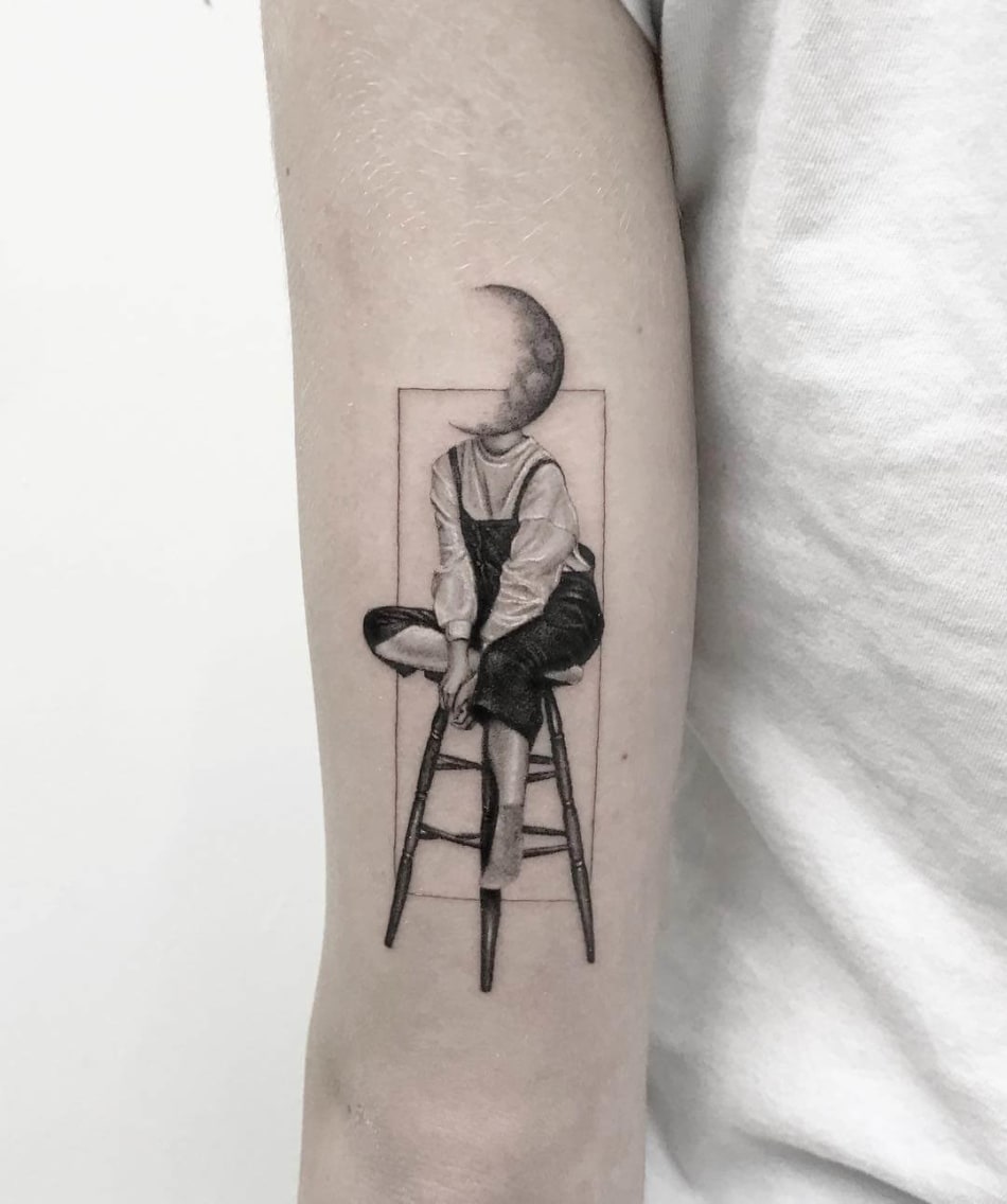 Tattoo sa girl sitting on a bar stool with a moon as head