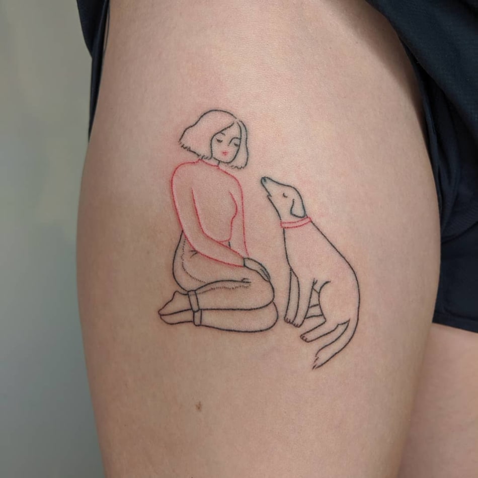 Girl with dog black and red lined tattoo by Mellowpokes