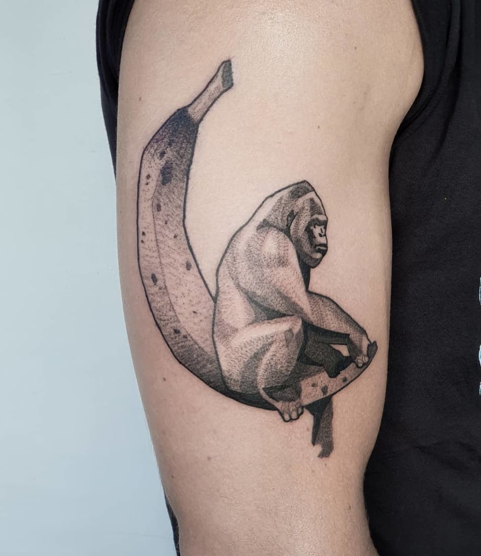 gorilla monkey on banan tatoo dotwork tattoo by Mike Kyrtatas