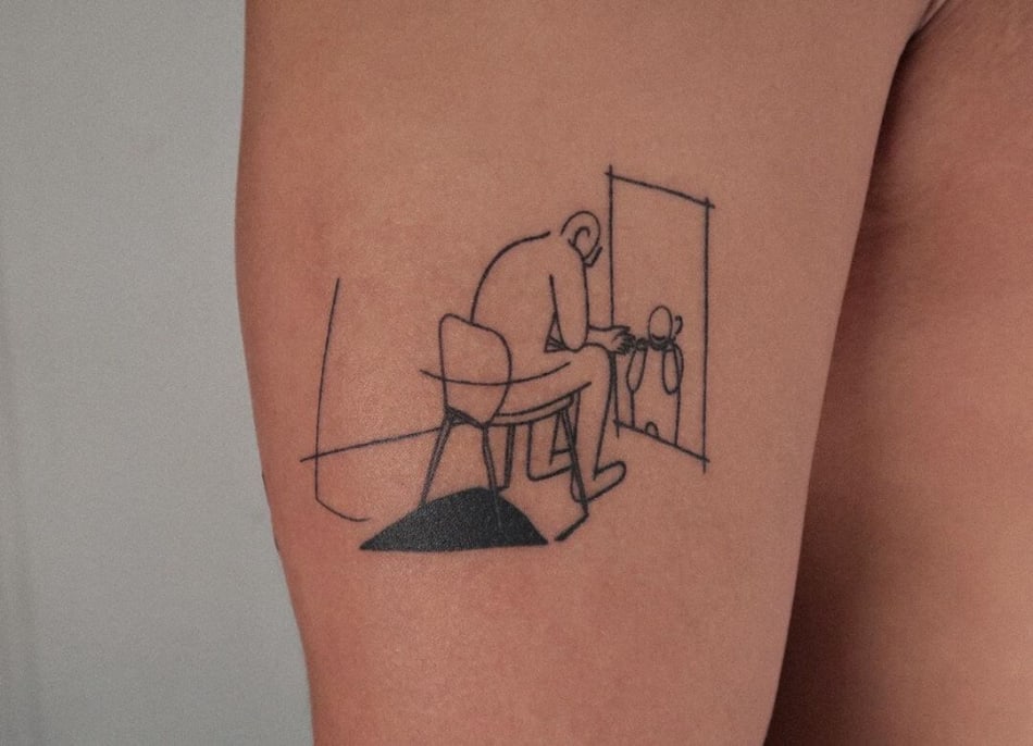 Illustrative tattoo of a man sitting on a chair by Minigreemer