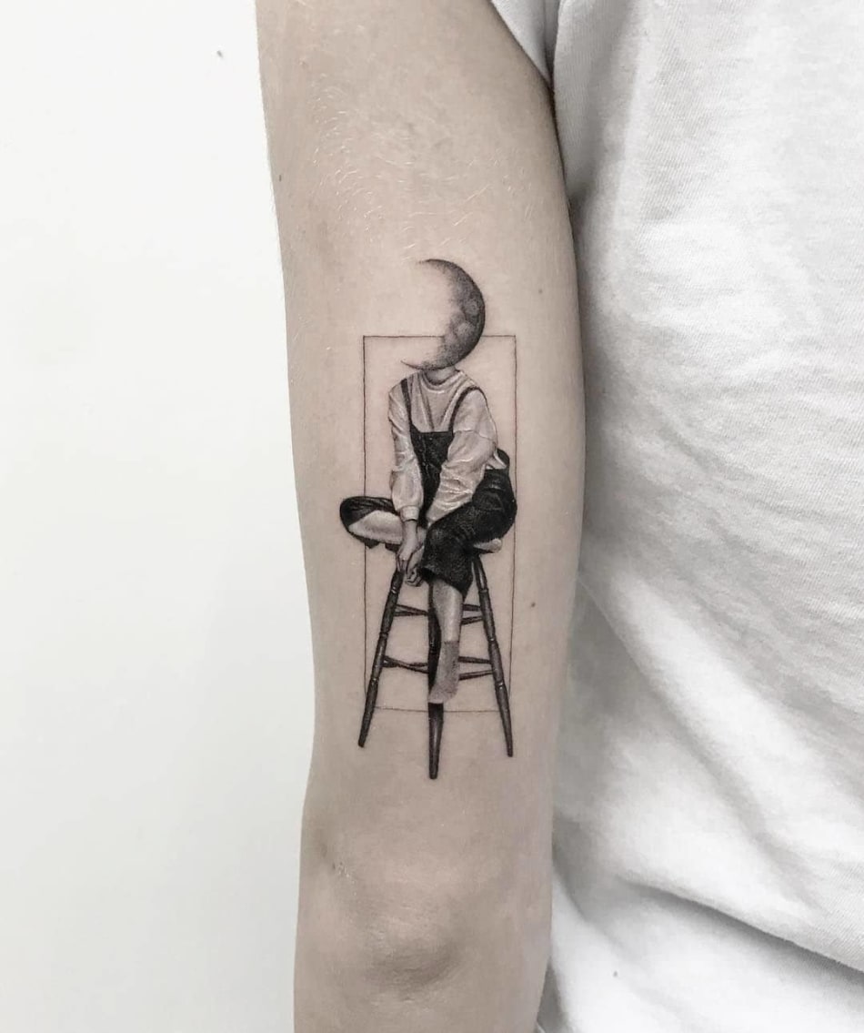 Moon woman sitting portait collage tattoo