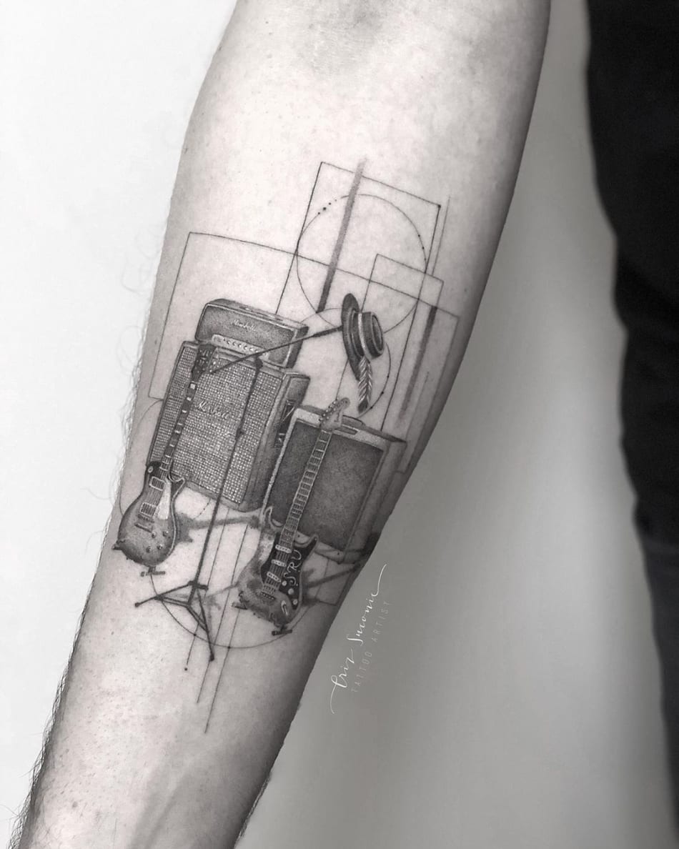 Tattoo of the instruments of a rock band