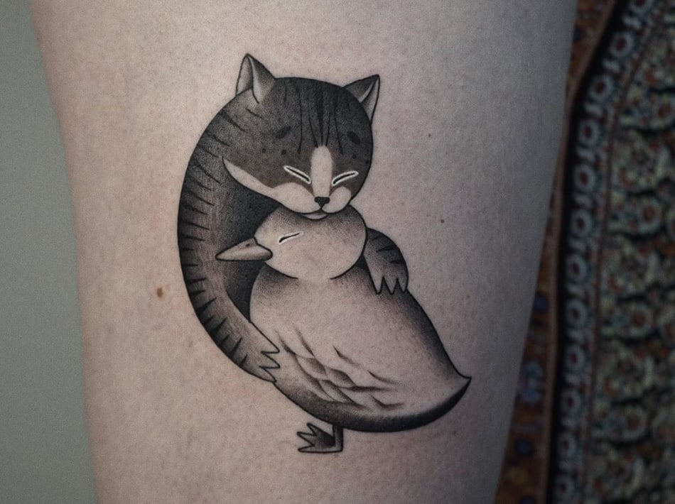 cat cuddling duck tattoo by Nikakun