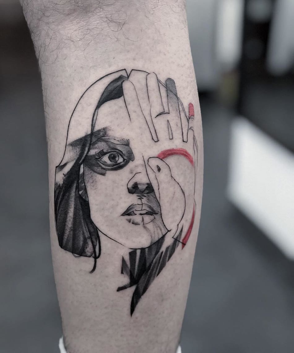 Minimal girl with hand in front of her face tattoo by Osman Ergin