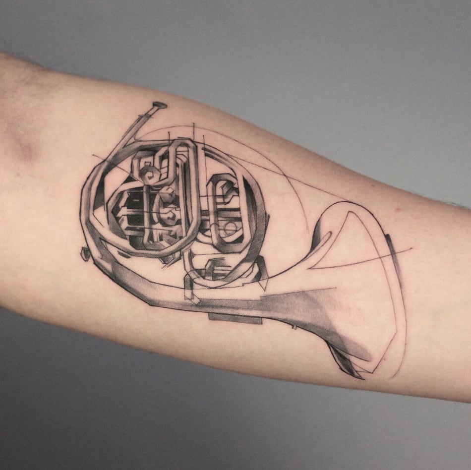 Sketched style trumpet music tattoo by Osman Ergin