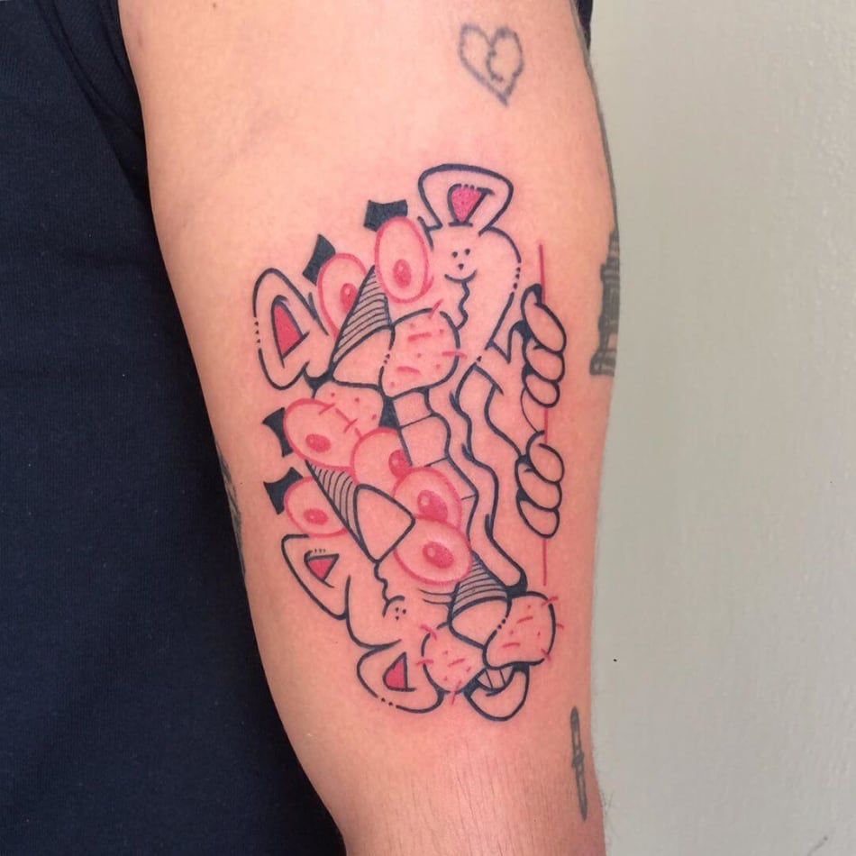 pink panther glitched cartoon tattoo by Pablo Dalas