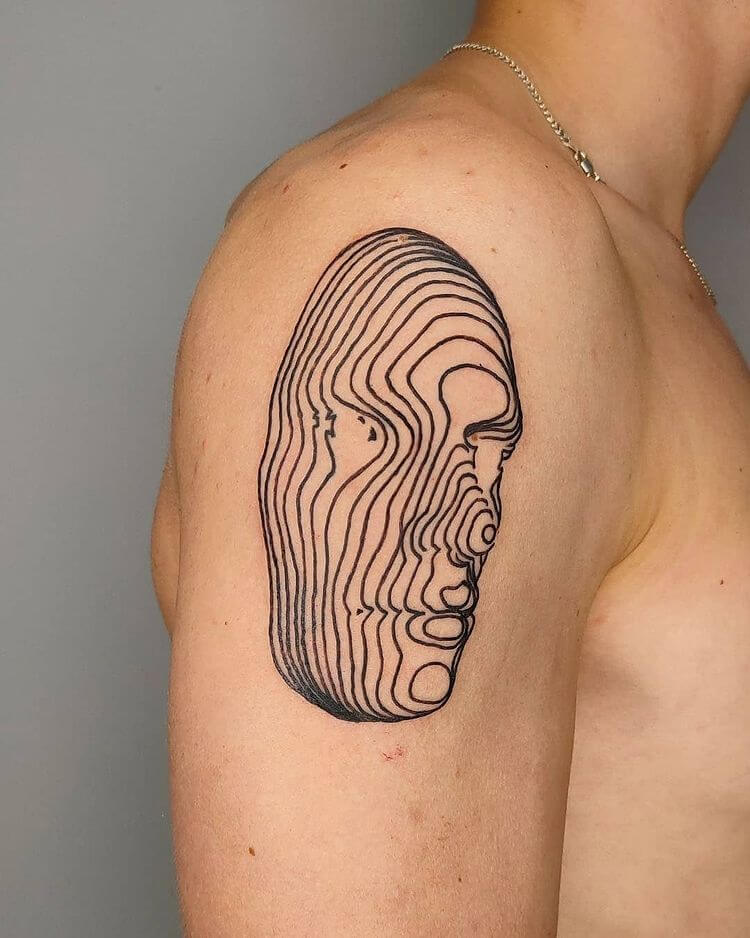 linework blueprint fingerprint layers head face side tattoo by Pablo Permanent