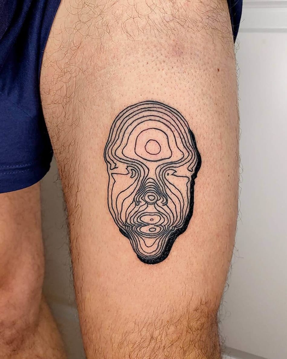 linework blueprint fingerprint layers head face tattoo by Pablo Permanent