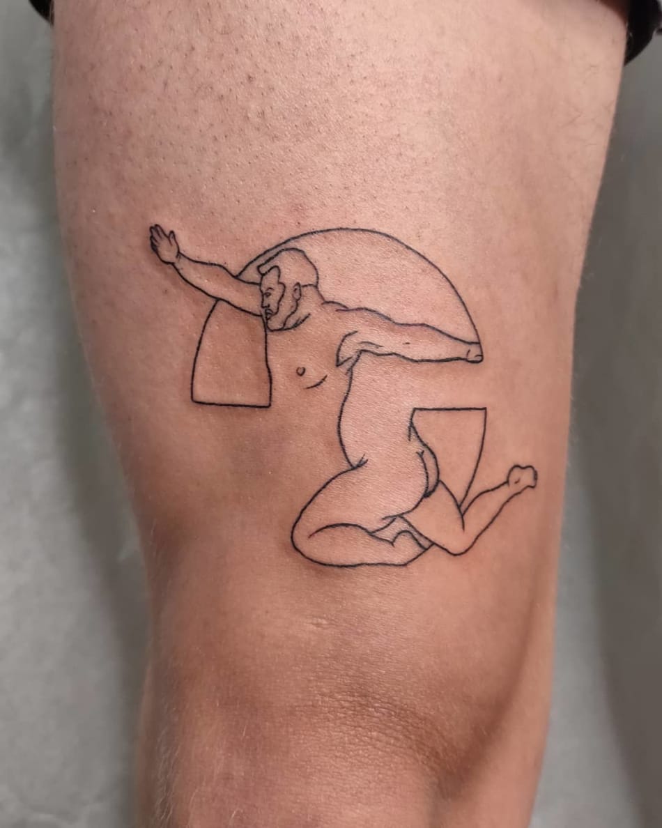 man glitched linework tattoo by Pablo Permanent