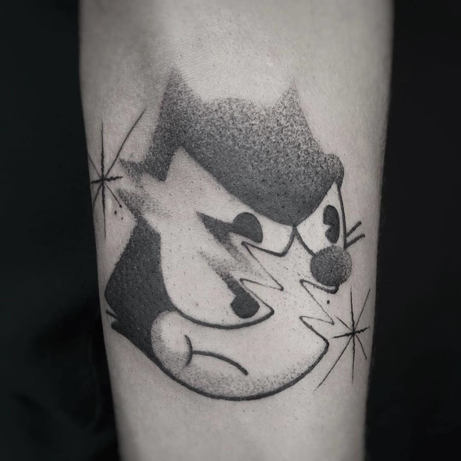 glitched felix the cat tattoo by Pedro Romo
