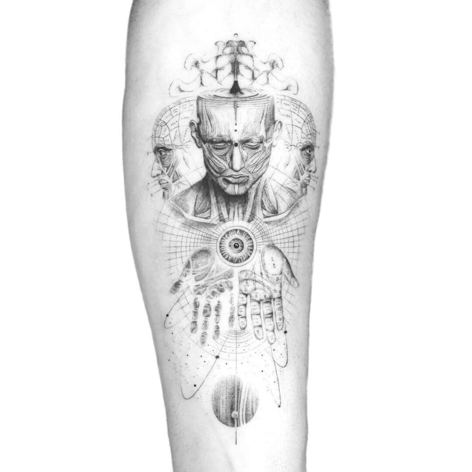 Human anatomy man with hands tattoo by Peter Laeviv