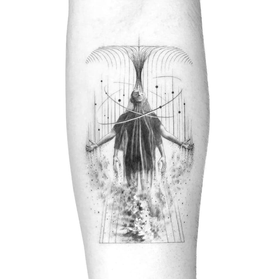 Man in balance in the center tattoo by Peter Laeviv