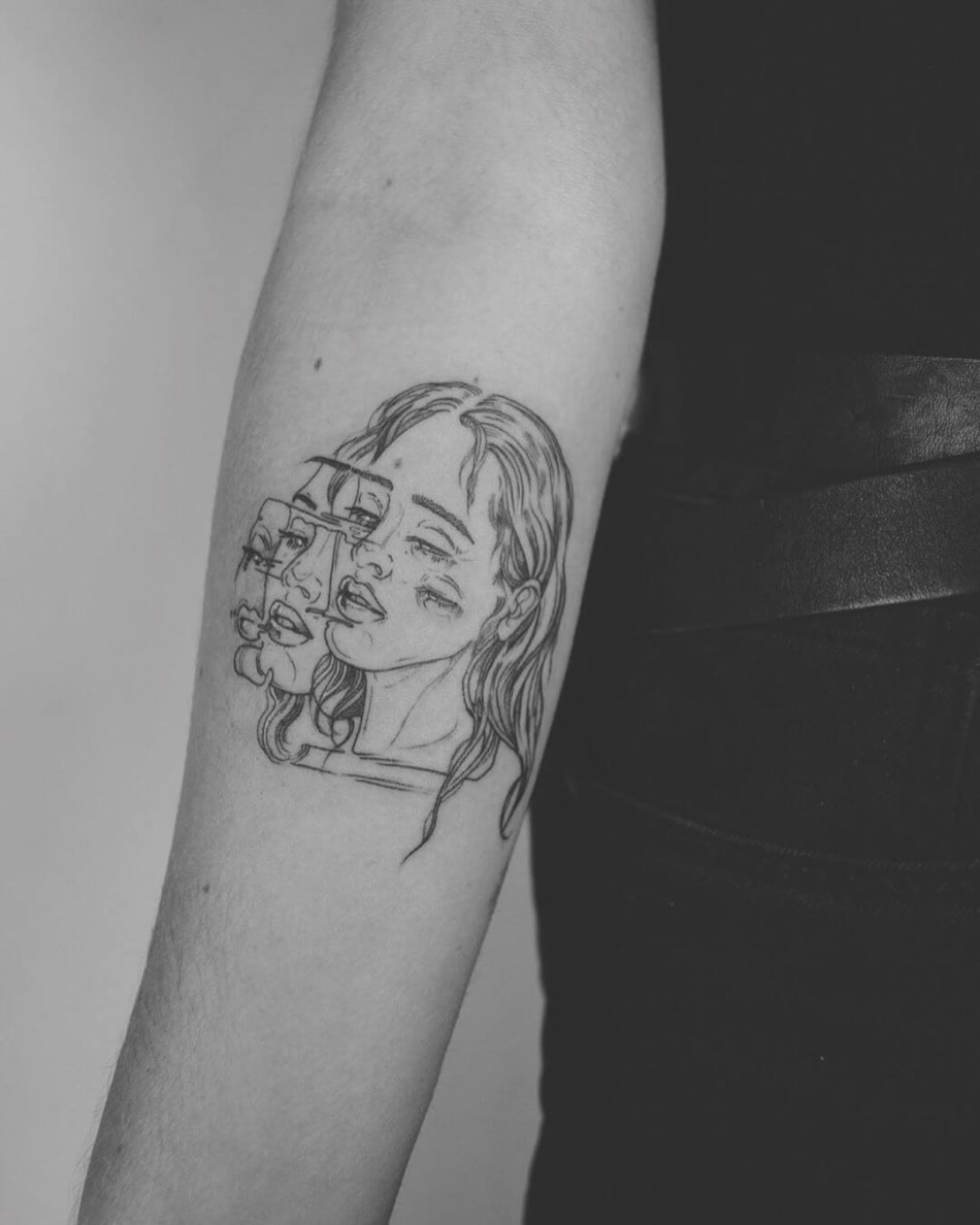 Distorted portait of woman tattoo by Phoebe Hunter