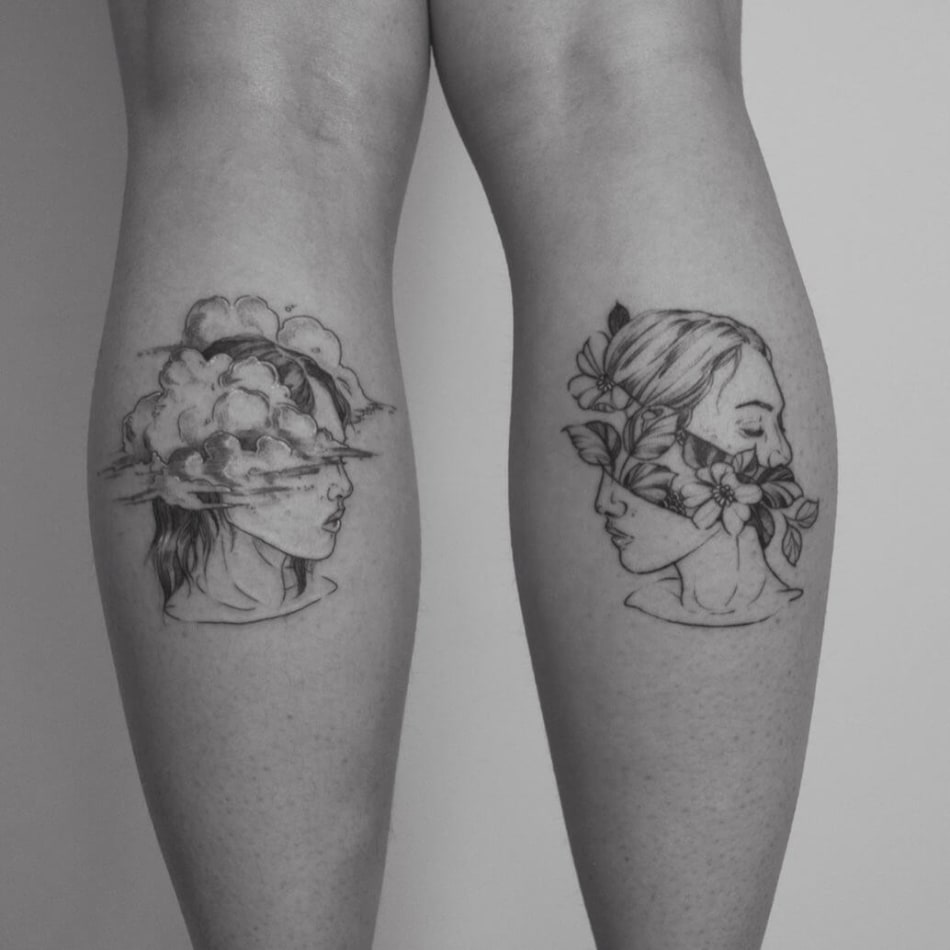 Two female portaits, one with flowers and one with clouds by Phoebe Hunter, one on each leg