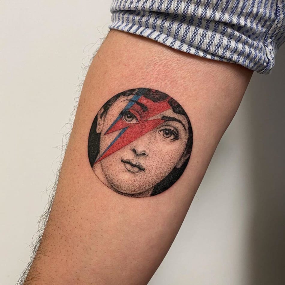 Fornasetti portrait with David Bowie lightning tattoo