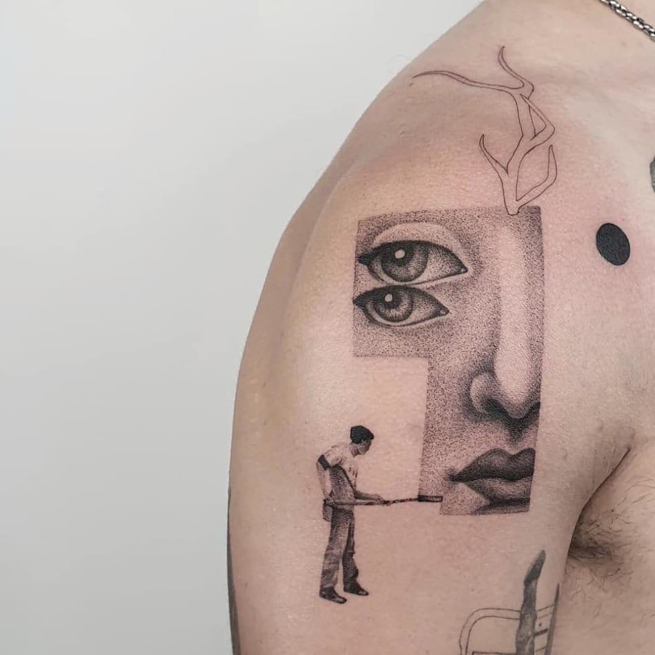 Painter painting a Fornasetti dotwork portrait tattoo