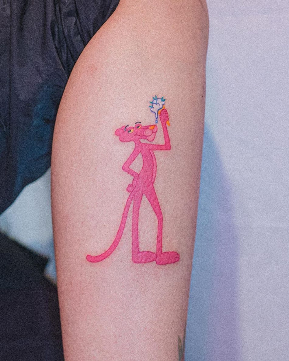 Pink Panther full comic linework tattoo