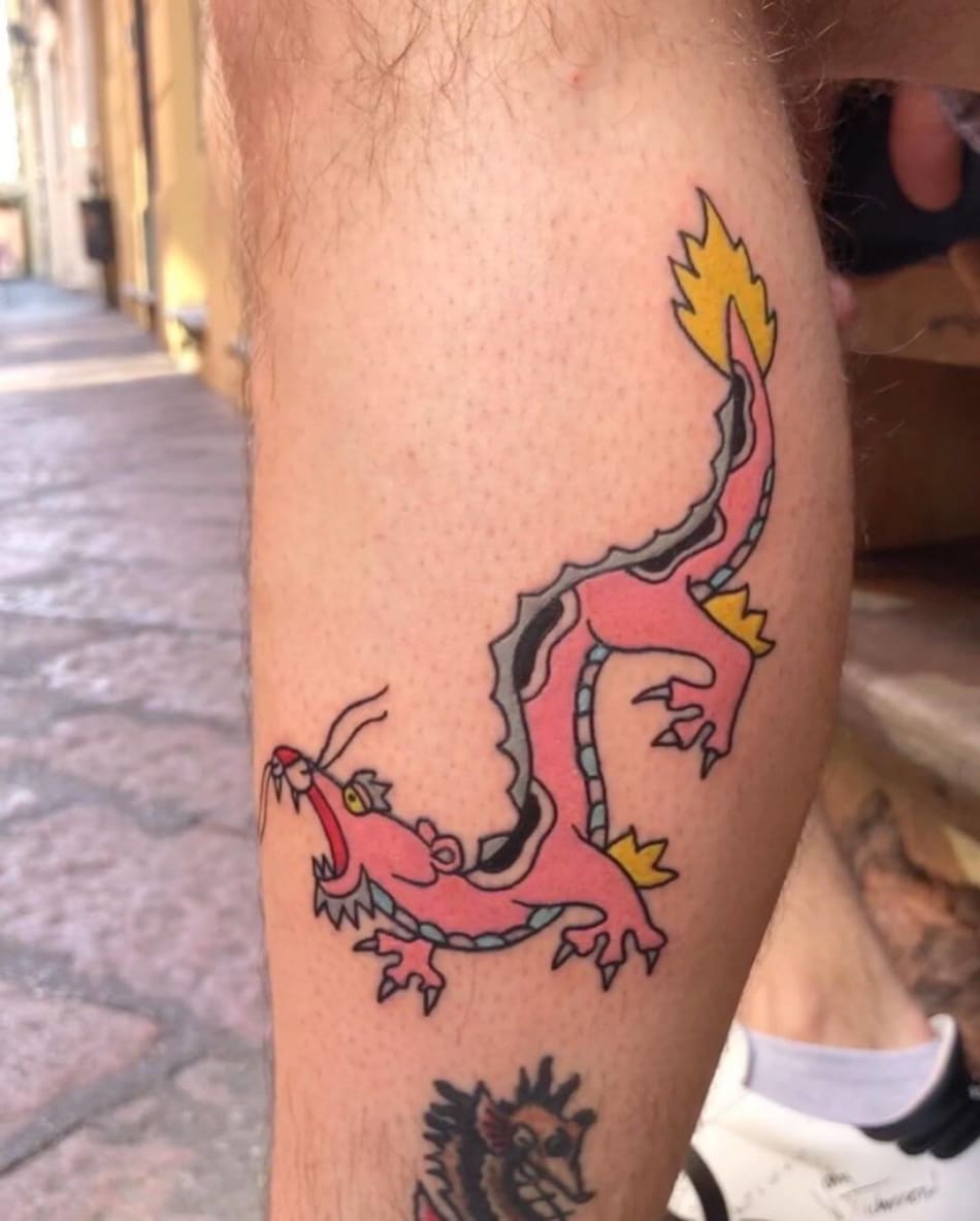 Pink Panther dragon comic linework tattoo