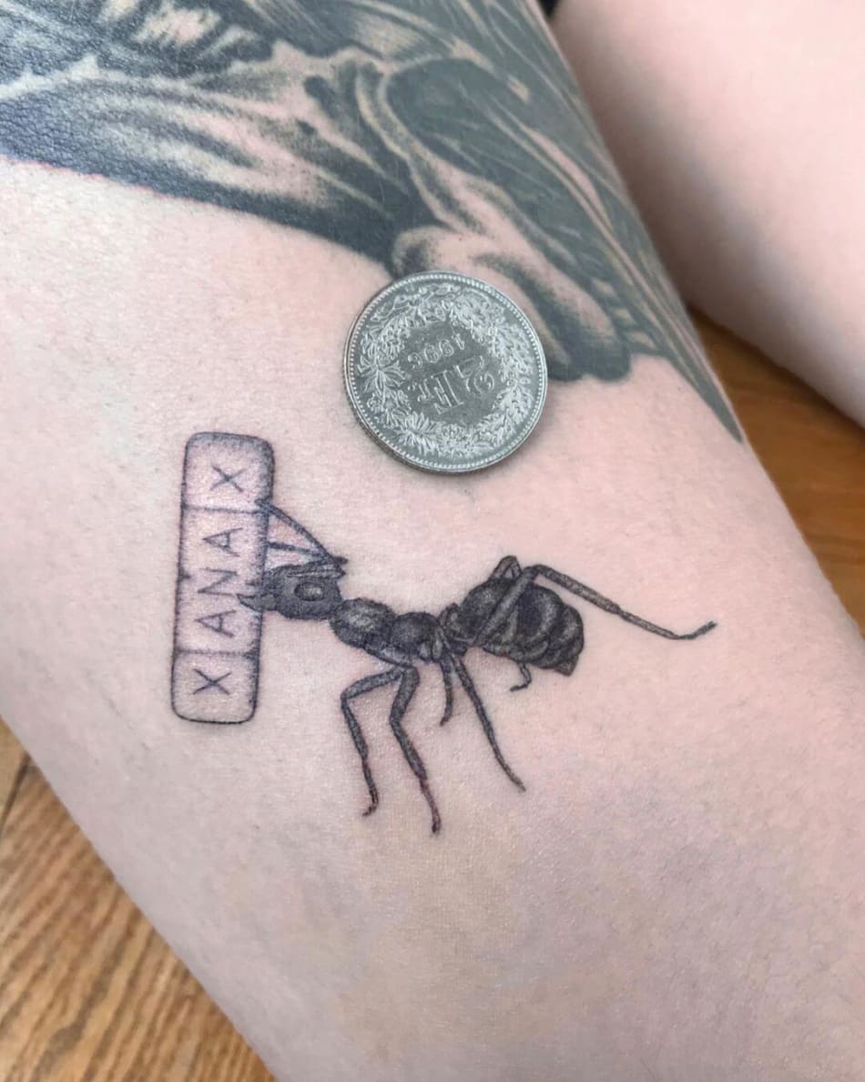 ant xanax tiny tattoo by Randy Lahaie