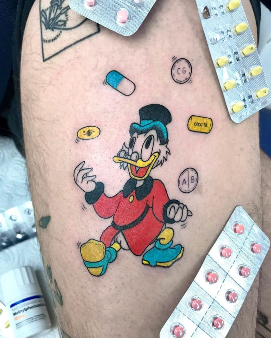 dagobert duck comic pills drugs tattoo by Randy Lahaie