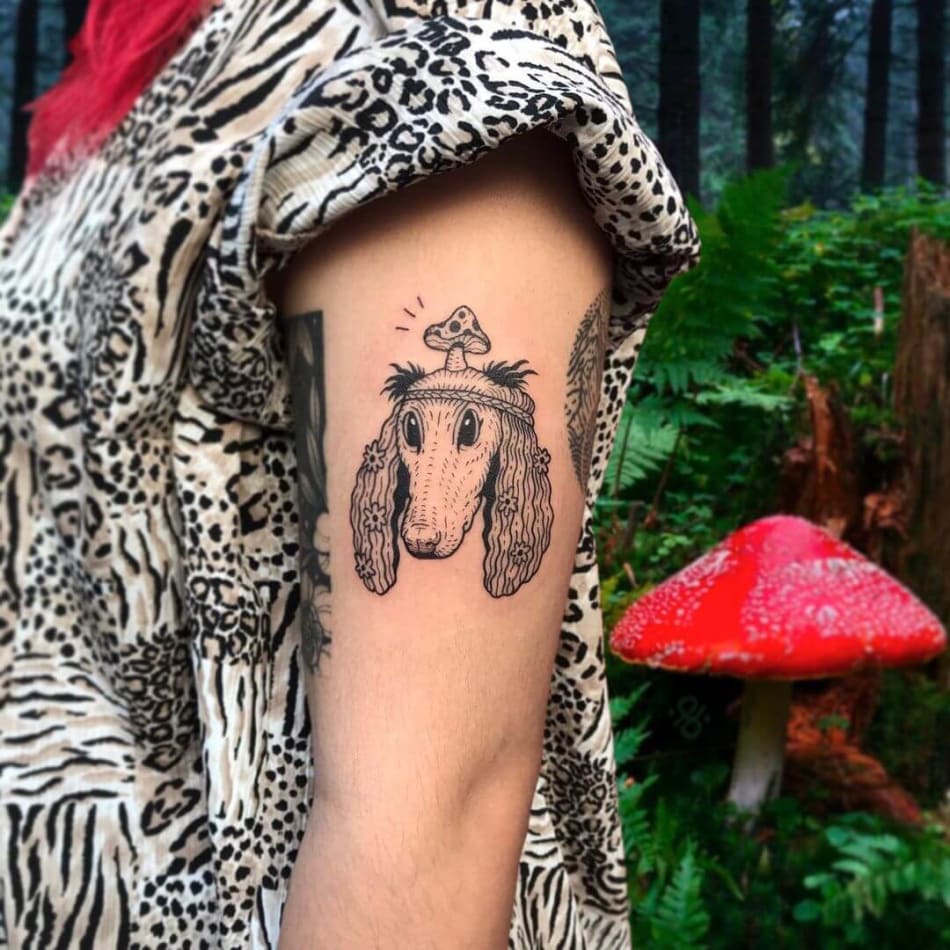 dog mushroom flowers cute cartoon tattoo by SHAME