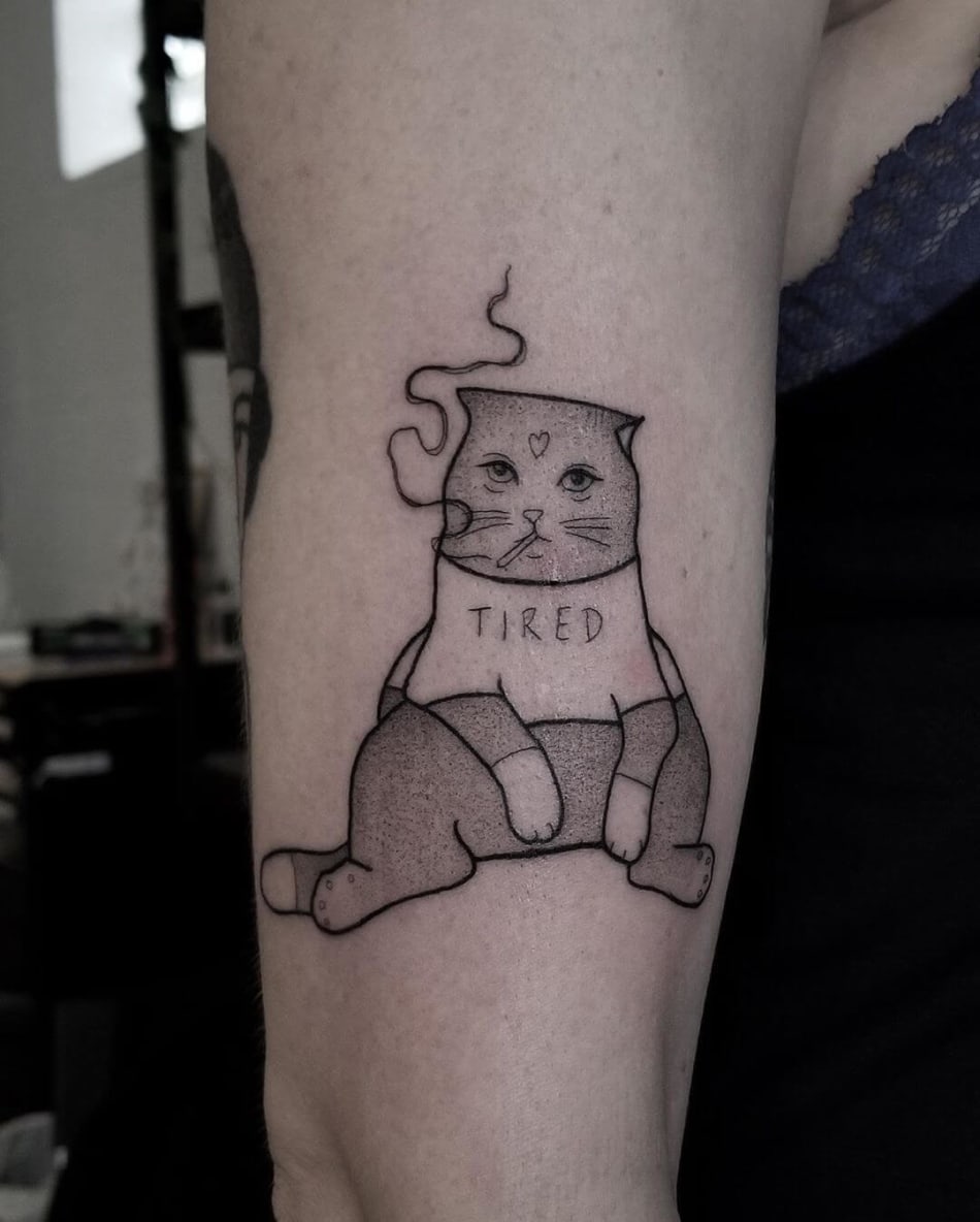 Smoking cat with fun shirt tattoo by sabootattoos