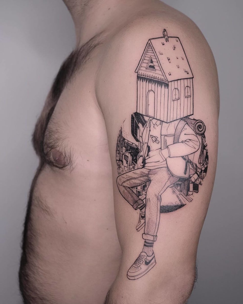 Traveling man with birdhouse for a head, tattoo Serena Caponera