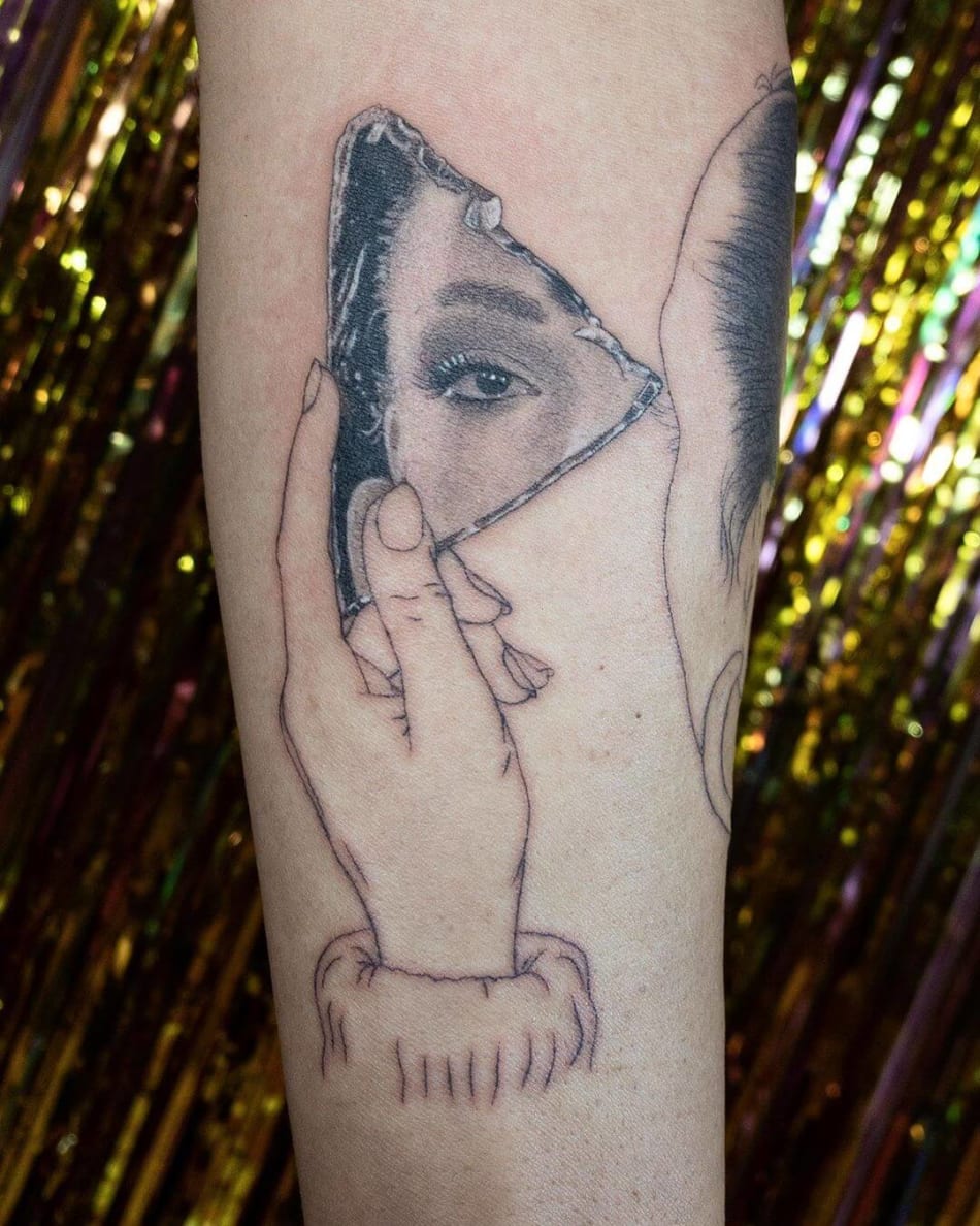 Sade looking in mirror portrait tattoo by Shannon Perry