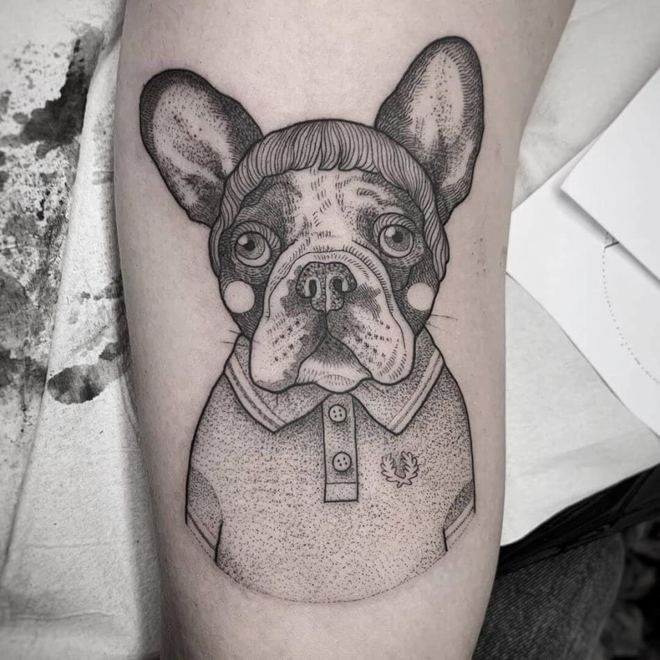 Illustrative french bulldog with hair and shirt, tattoo by Suflanda