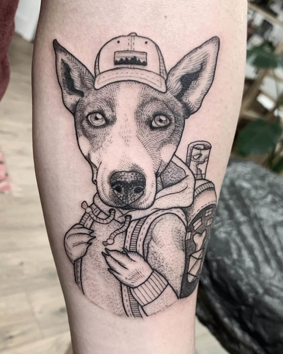 Illustrative cute dog with hat and backpack, tattoo by Suflanda