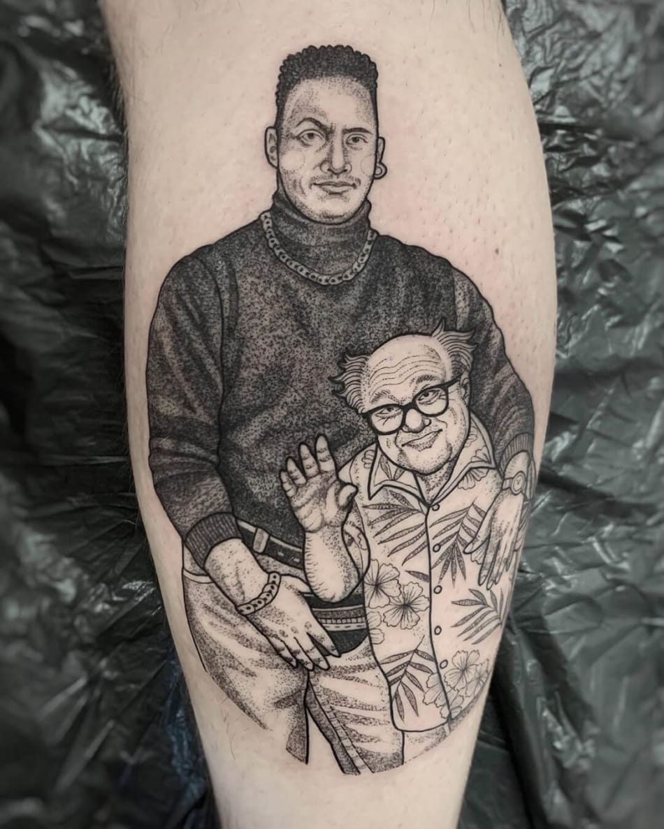 Illustrative portrait of Dwayne Johnson and Danny Devito, tattoo by Suflanda