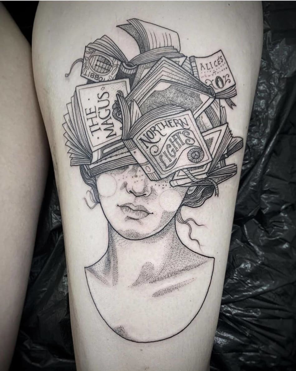 Illustrative portrait of woman with books as hair, tattoo by Suflanda