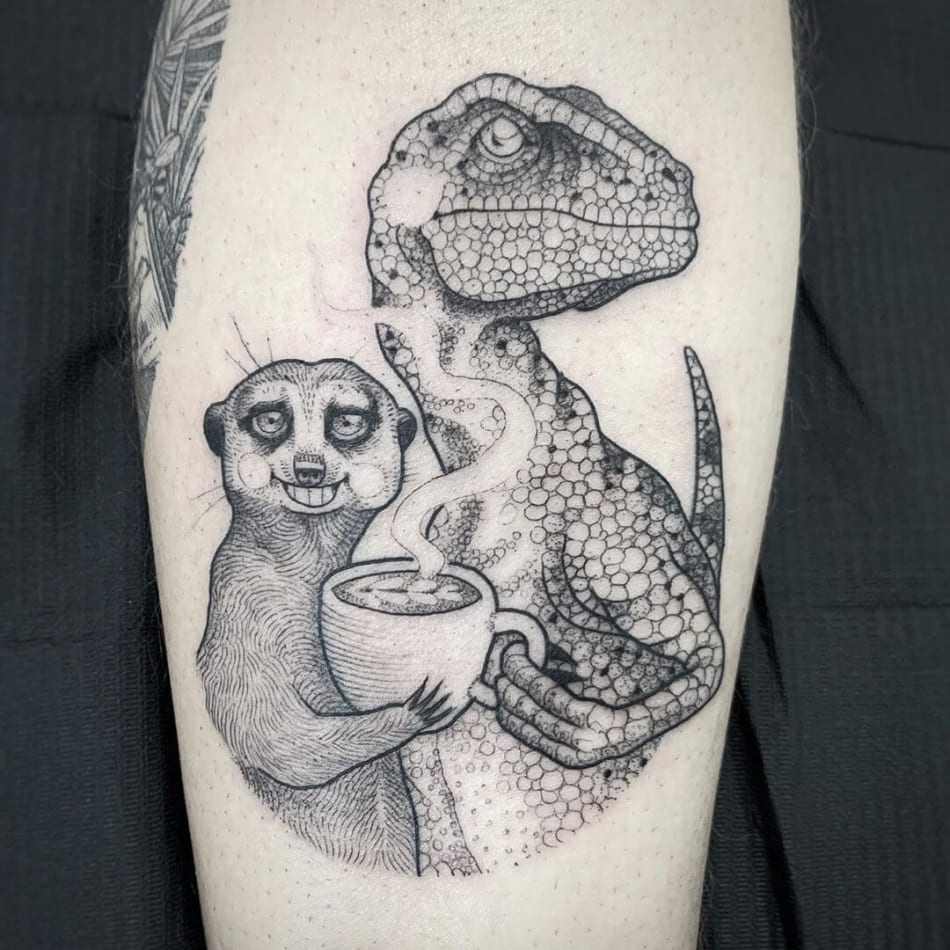 Illustrative T-rex and meerkat sharing a coffee, tattoo by Suflanda