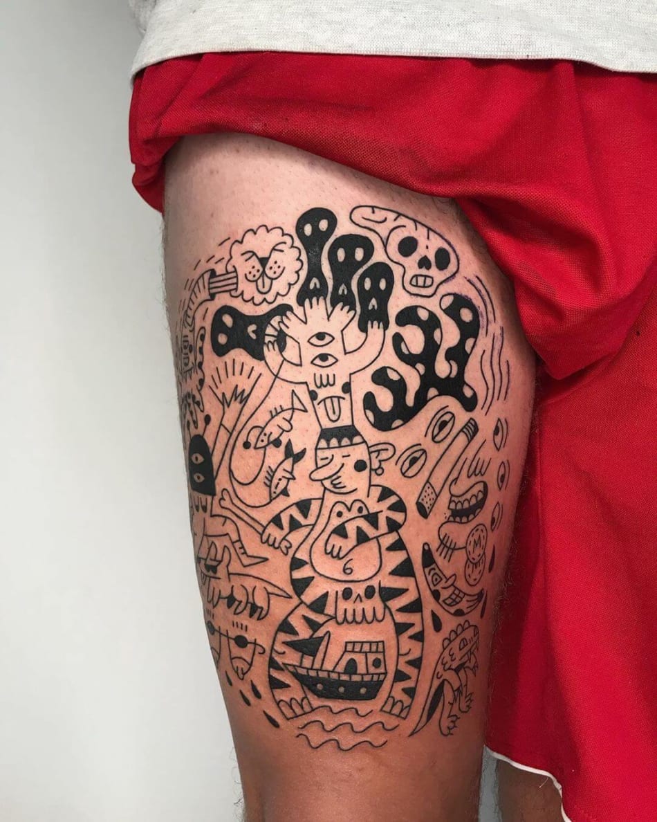 bold lines eyes and characters large tattoo by Super Roger