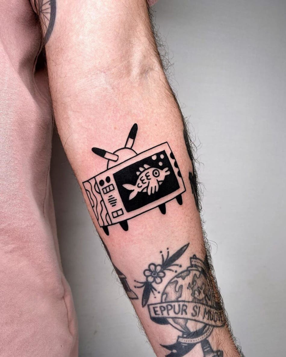 fish in television tattoo by Super Roger