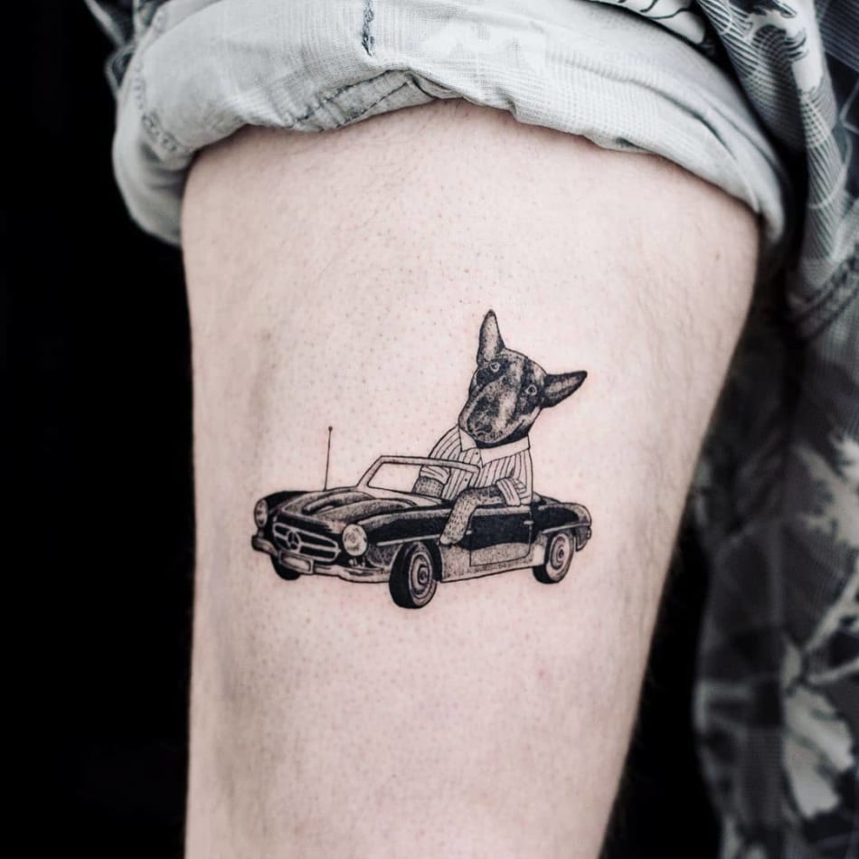 Dog in a car tattoo