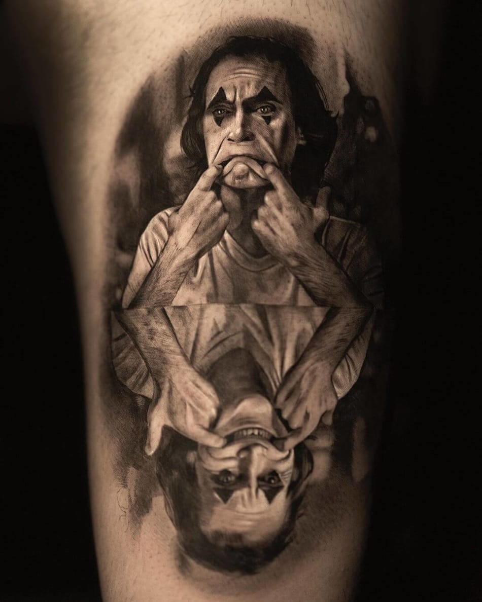 Portrait The Joker with his reflection tattoo by tdantattoo