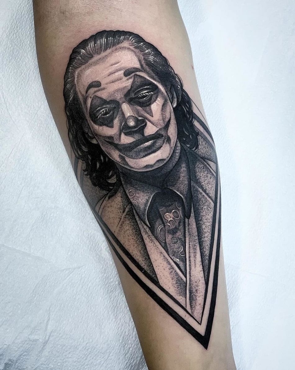 Tattoo portrait of Joaquin Phoenix as The Joker