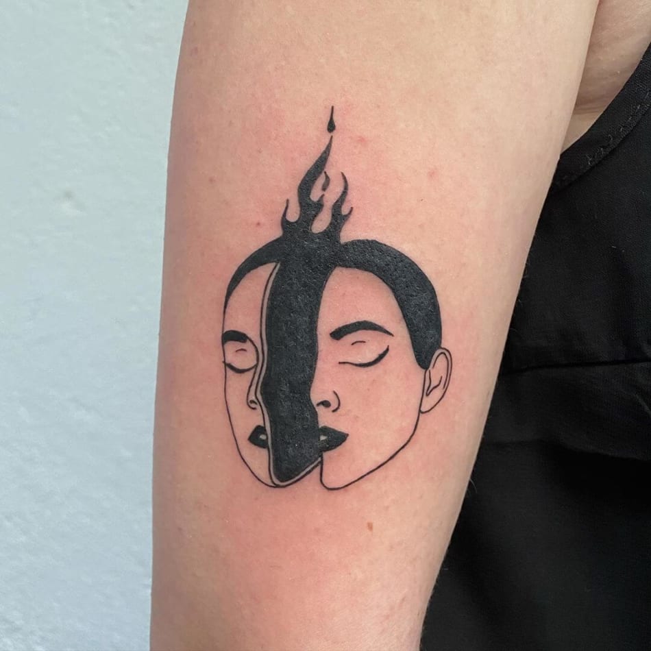 face in half flames tattoo by Tttypoholic