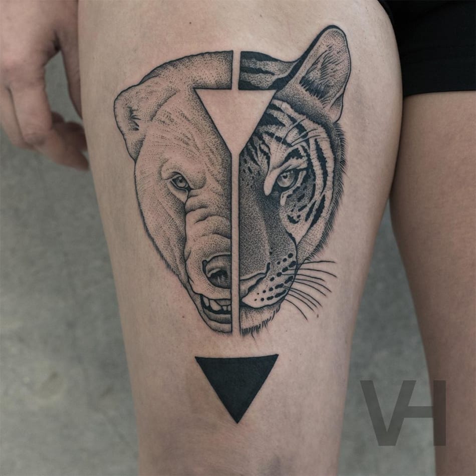 Bear tiger geometric triangle tattoo by Valentin Hirsch