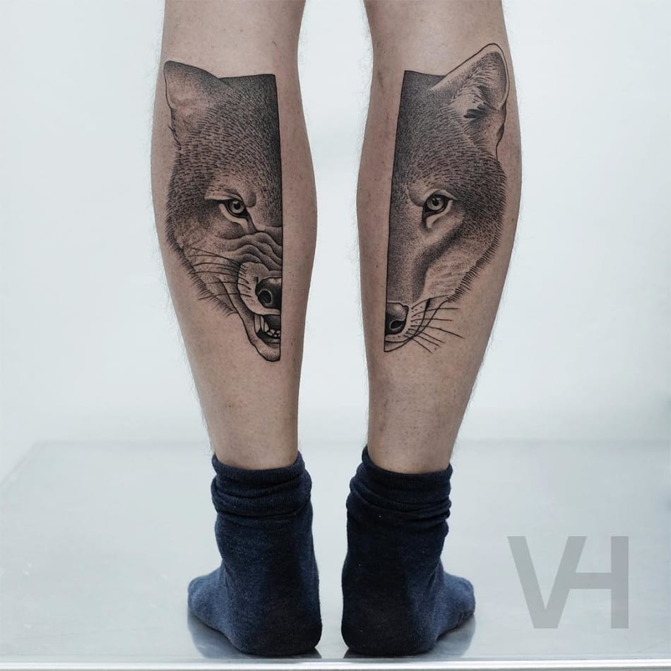 Halp fox, half wolf tattoo by Valentin Hirsch