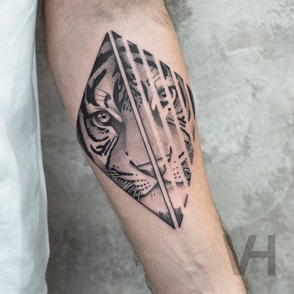 Geometric tiger tattoo by Valentin Hirsch