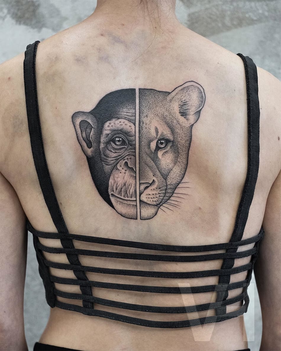 Half monkey, half tiger tattoo by Valentin Hirsch