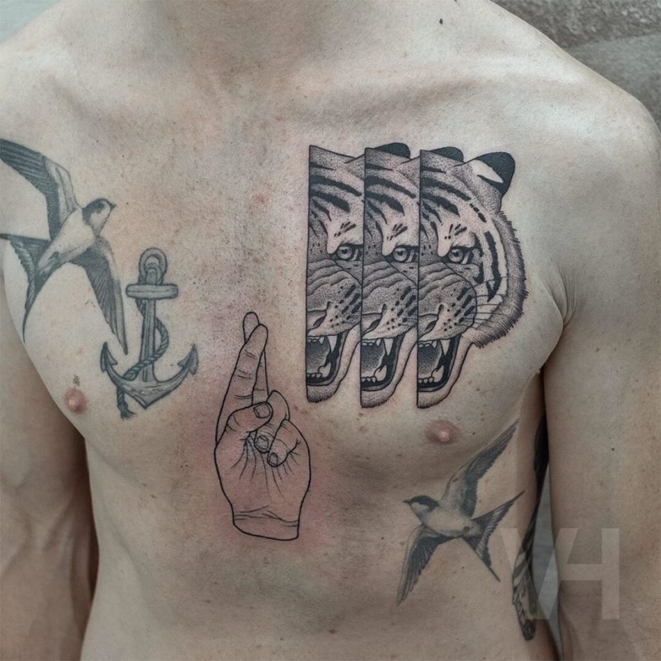 Three tigers tattoo by Valentin Hirsch