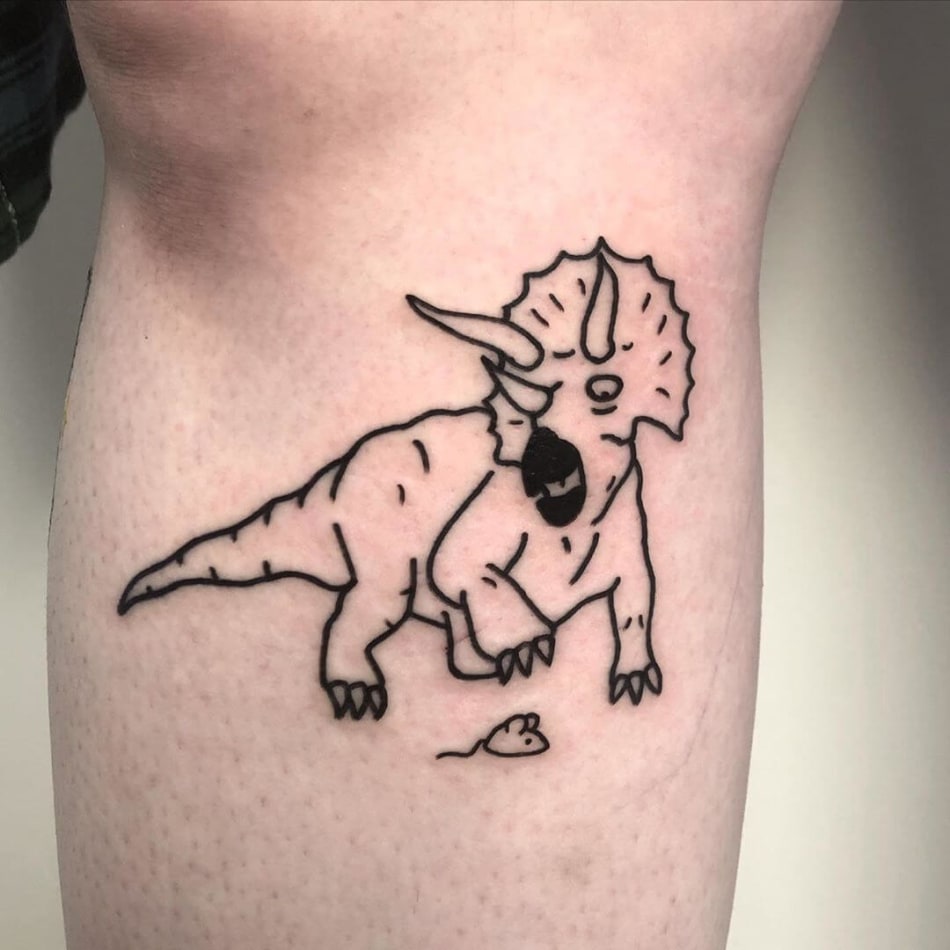 Dinosaur almost stepping on mouse tattoo by Violette Violence