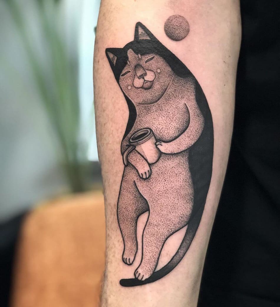 Cat with coffee dotwork tattoo by William Pacheco