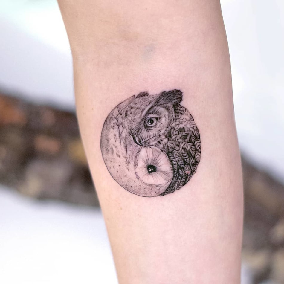 Two owls symbolizing Yin Yang symbol tattoo