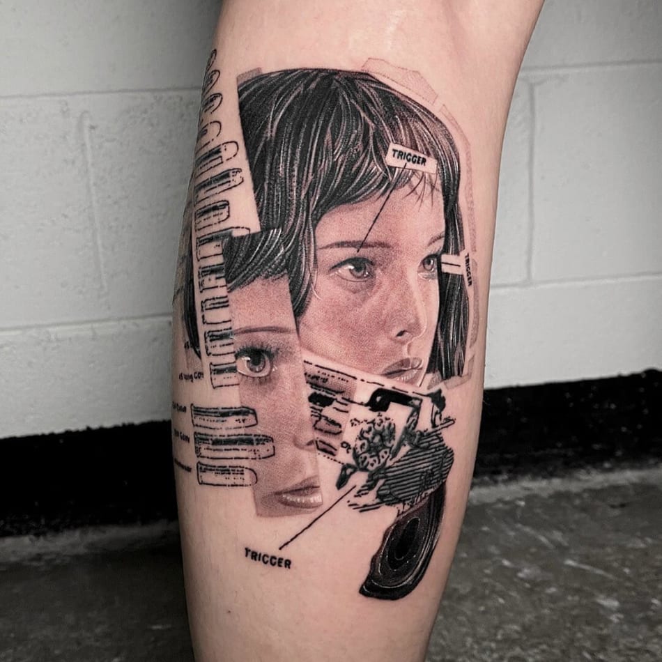 Collage showing Mathilda from the movie Leon, tattoo by Comma ttt